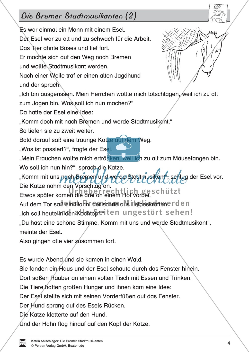 Die Bremer Stadtmusikanten: Text (mittel) und Aufgaben Preview 1