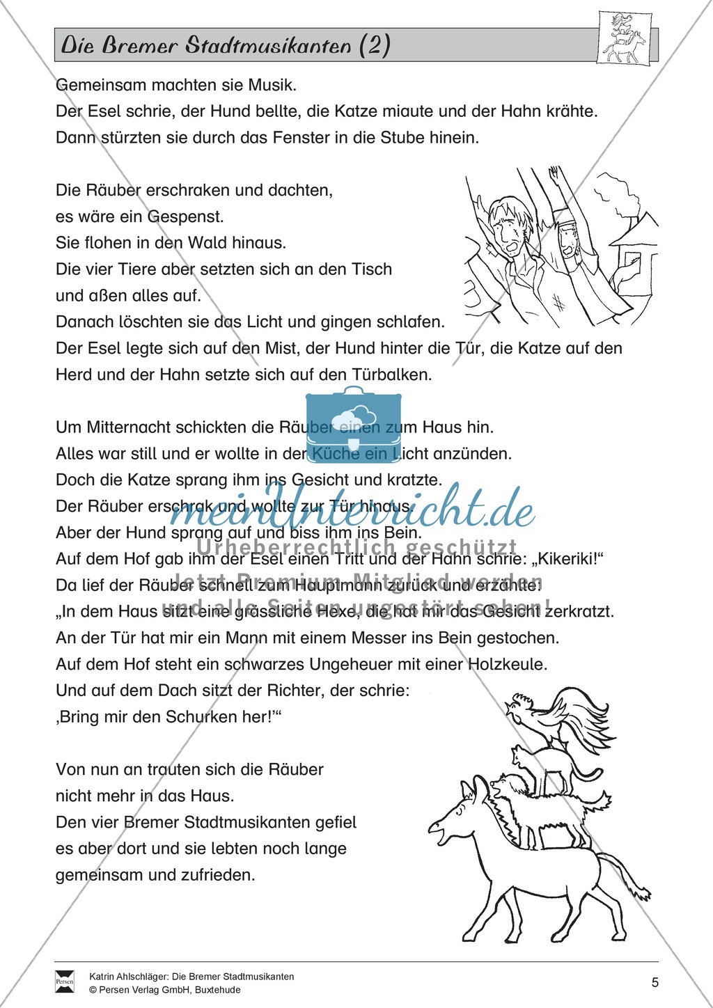 Die Bremer Stadtmusikanten: Text (mittel) und Aufgaben Preview 2