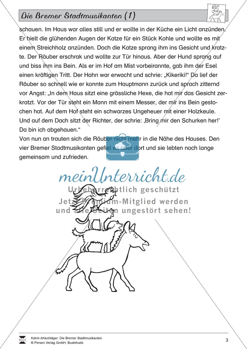 Die Bremer Stadtmusikanten: Text (leicht) und Aufgaben Preview 2