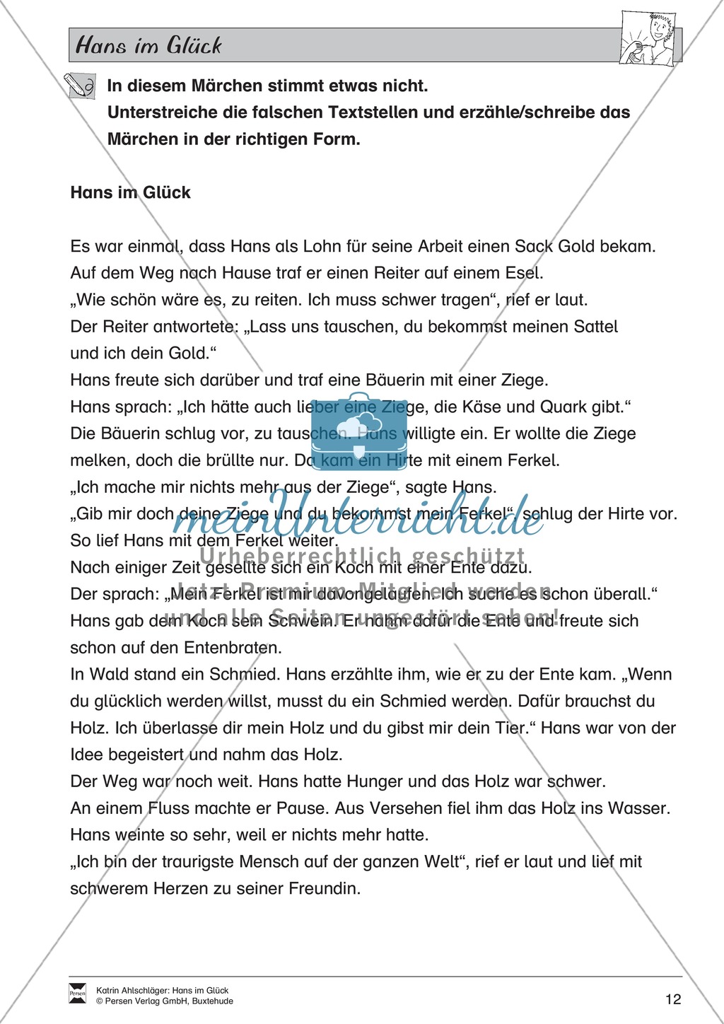 Hans im Glück: Text (mittel) und Aufgaben Preview 8