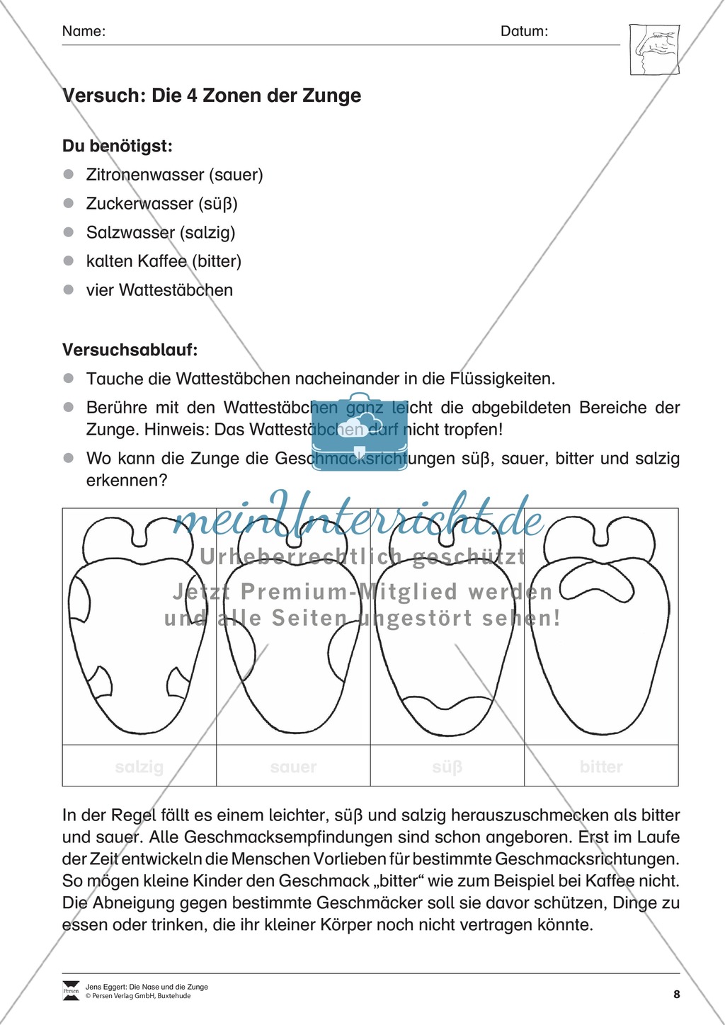 Aufbau und Funktion der Zunge: Arbeitsblätter Preview 2