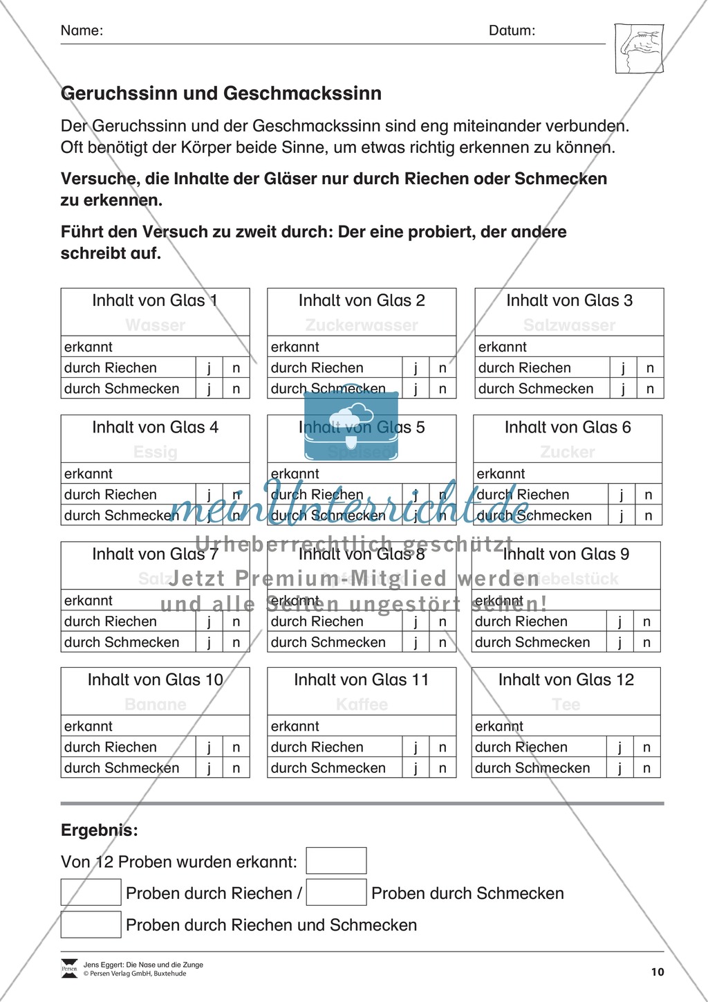 Geruchssinn und Geschmackssinn: Arbeitsblatt Preview 1