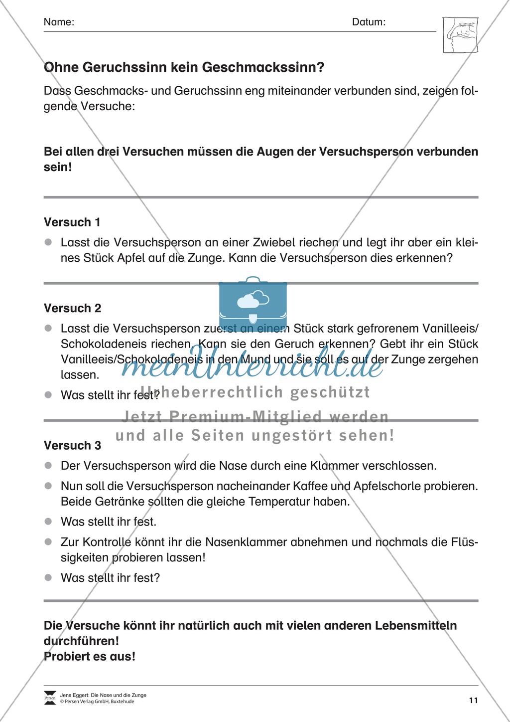 Geruchssinn und Geschmackssinn: Arbeitsblatt Preview 2