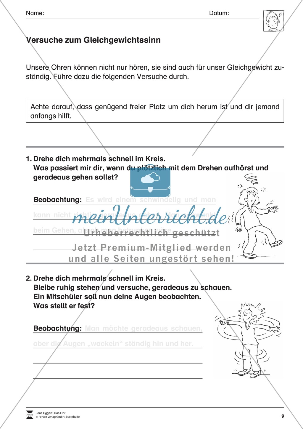 Versuche zum Gleichgewichtssinn: Arbeitsblatt Preview 1