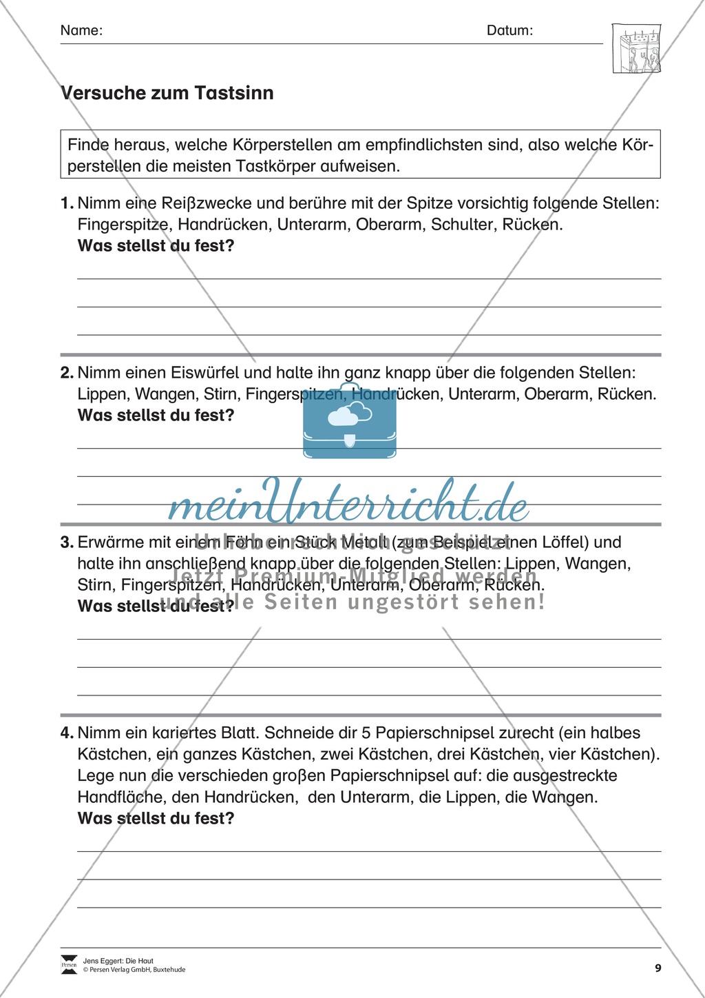 Versuche zum Tastsinn: Arbeitsblatt Preview 1