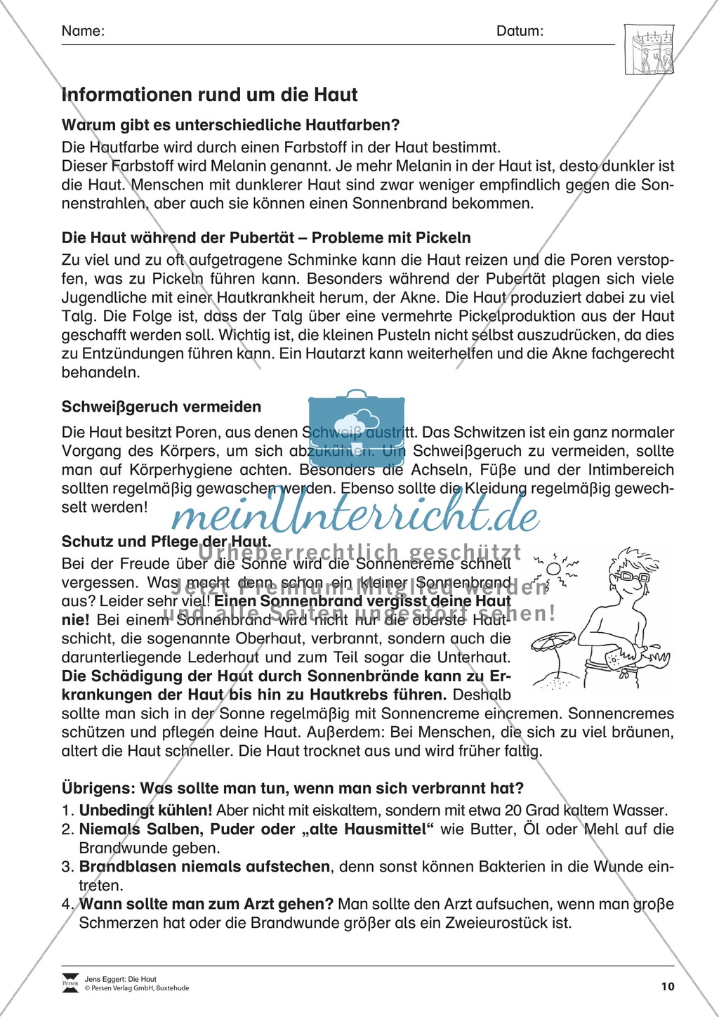 Informationen rund um die Haut: Text + Übungen Preview 1