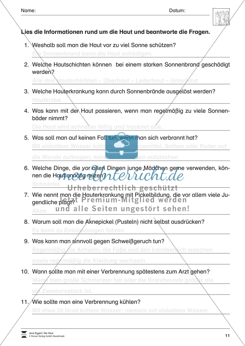 Informationen rund um die Haut: Text + Übungen Preview 2