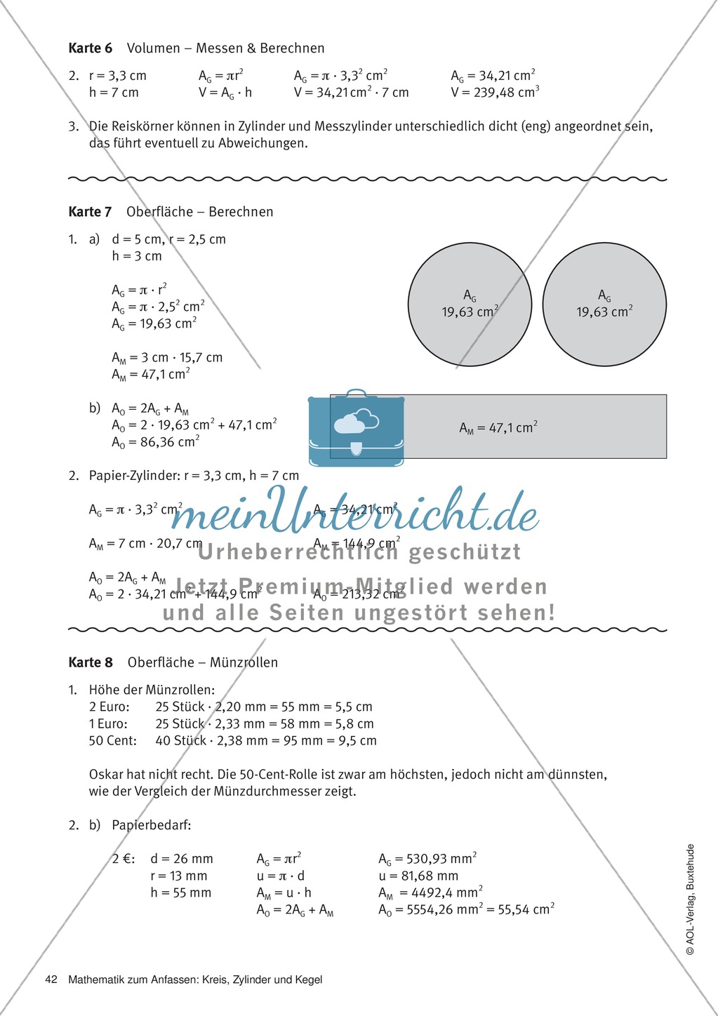 Volumen eines Zylinders: Übungen + Lösungen - meinUnterricht