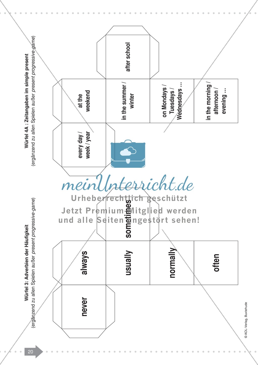 Adverbien der Häufigkeit und Zeitangaben im Simple Present: Würfelvorlagen Preview 1