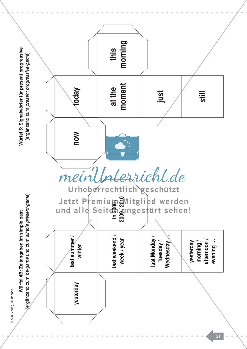 Zeitangaben im Simple Past und Signalwörter für Present Progressive: Würfelvorlagen Preview 1