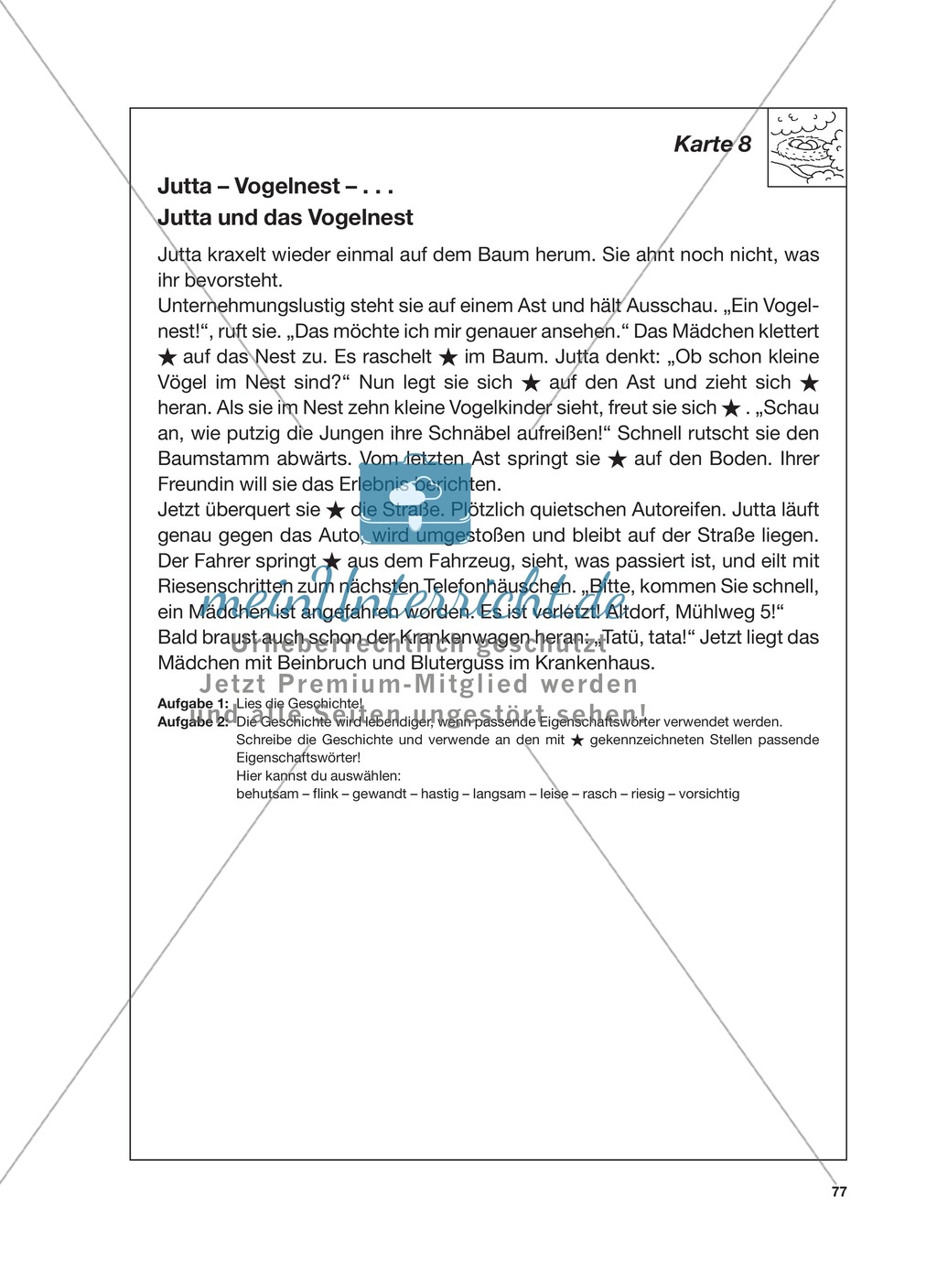 Reizwortgeschichte - Jutta, Vogelnest, ...: Unterrichtsgestaltung, Zuordnungsplan, Übungs- und Kontrollkarten Preview 21