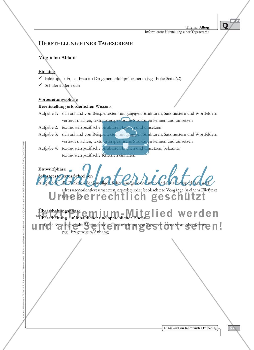 Sprachförderung: Herstellung einer Tagescreme: qualifizierendes Niveau: Hinweise zum Ablauf, Arbeitsblätter Preview 1
