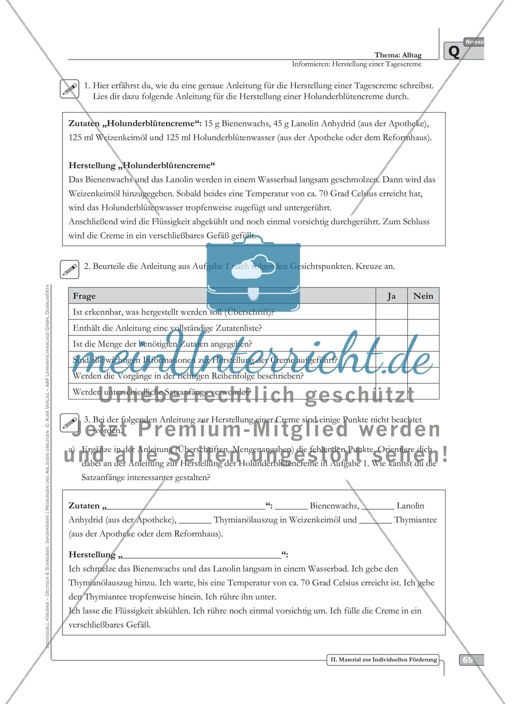 Sprachförderung: Herstellung einer Tagescreme: qualifizierendes Niveau: Hinweise zum Ablauf, Arbeitsblätter Preview 3