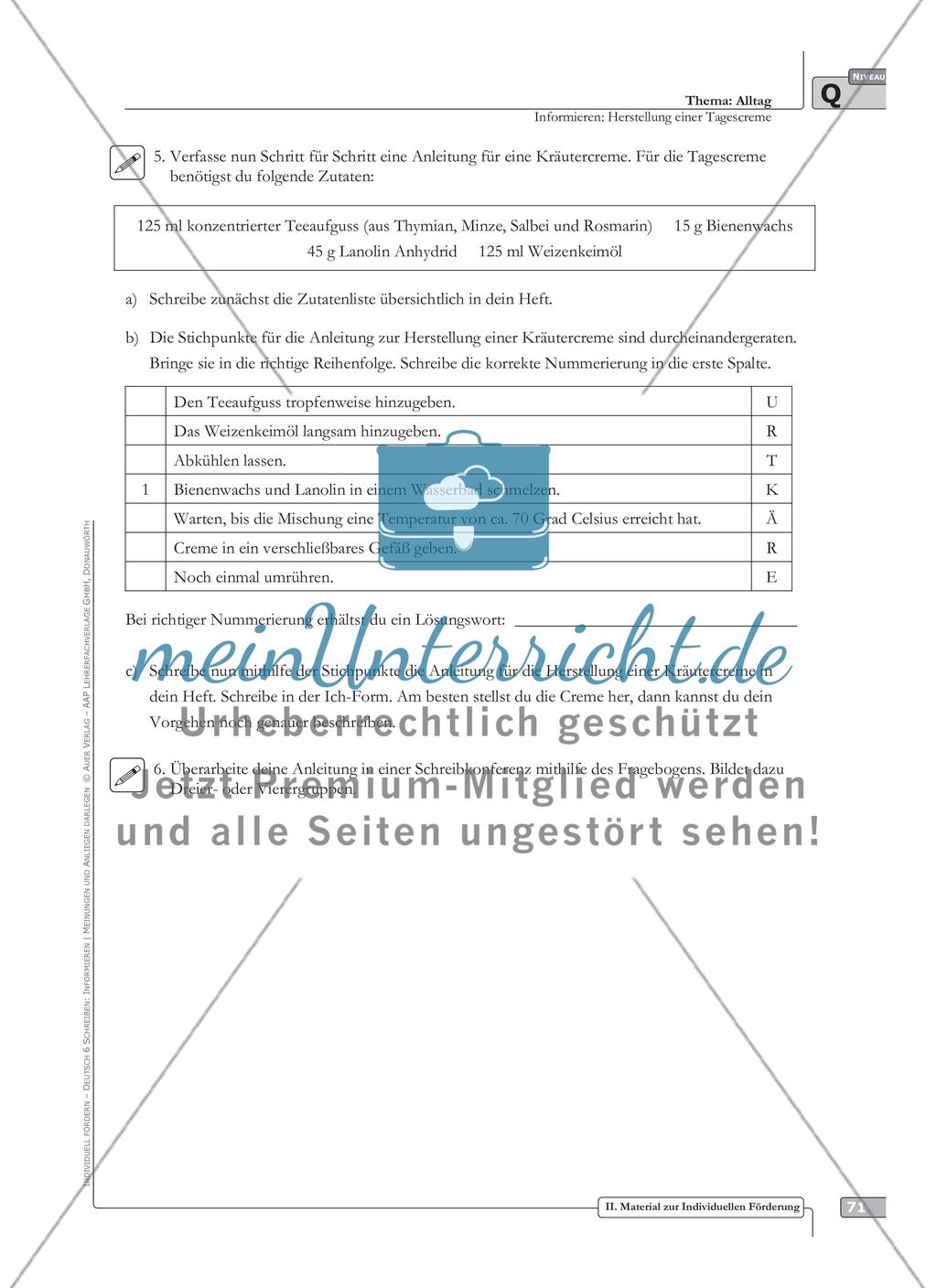 Sprachförderung: Herstellung einer Tagescreme: qualifizierendes Niveau: Hinweise zum Ablauf, Arbeitsblätter Preview 5