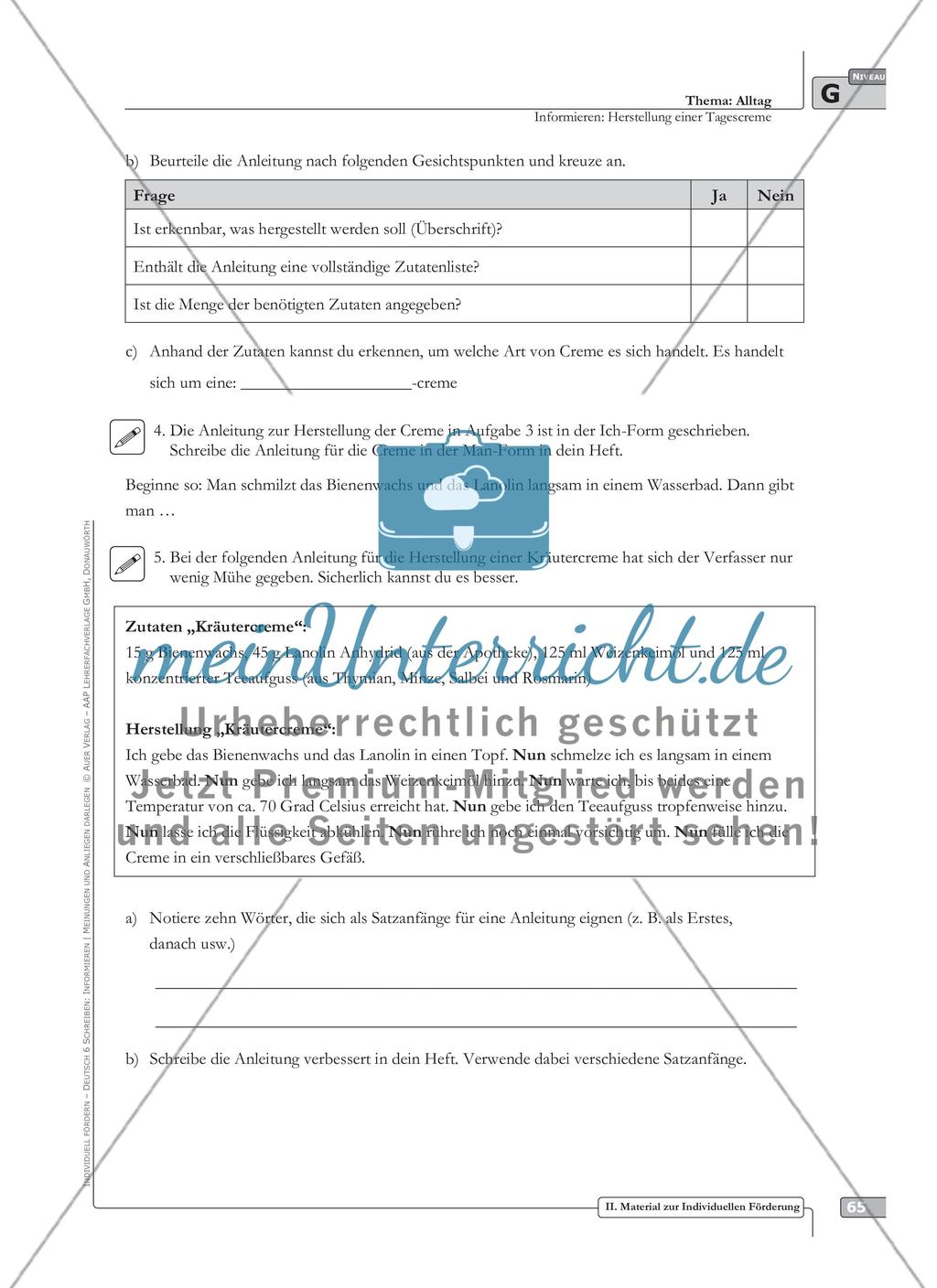 Sprachförderung: Herstellung einer Tagescreme: grundlegendes Niveau: Hinweise zum Ablauf, Arbeitsblätter Preview 5