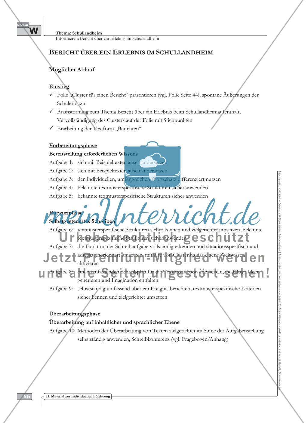 Sprachförderung: Bericht über ein Erlebnis im Schullandheim: weiterführendes Niveau: Hinweise zum Ablauf, Arbeitsblätter Preview 1