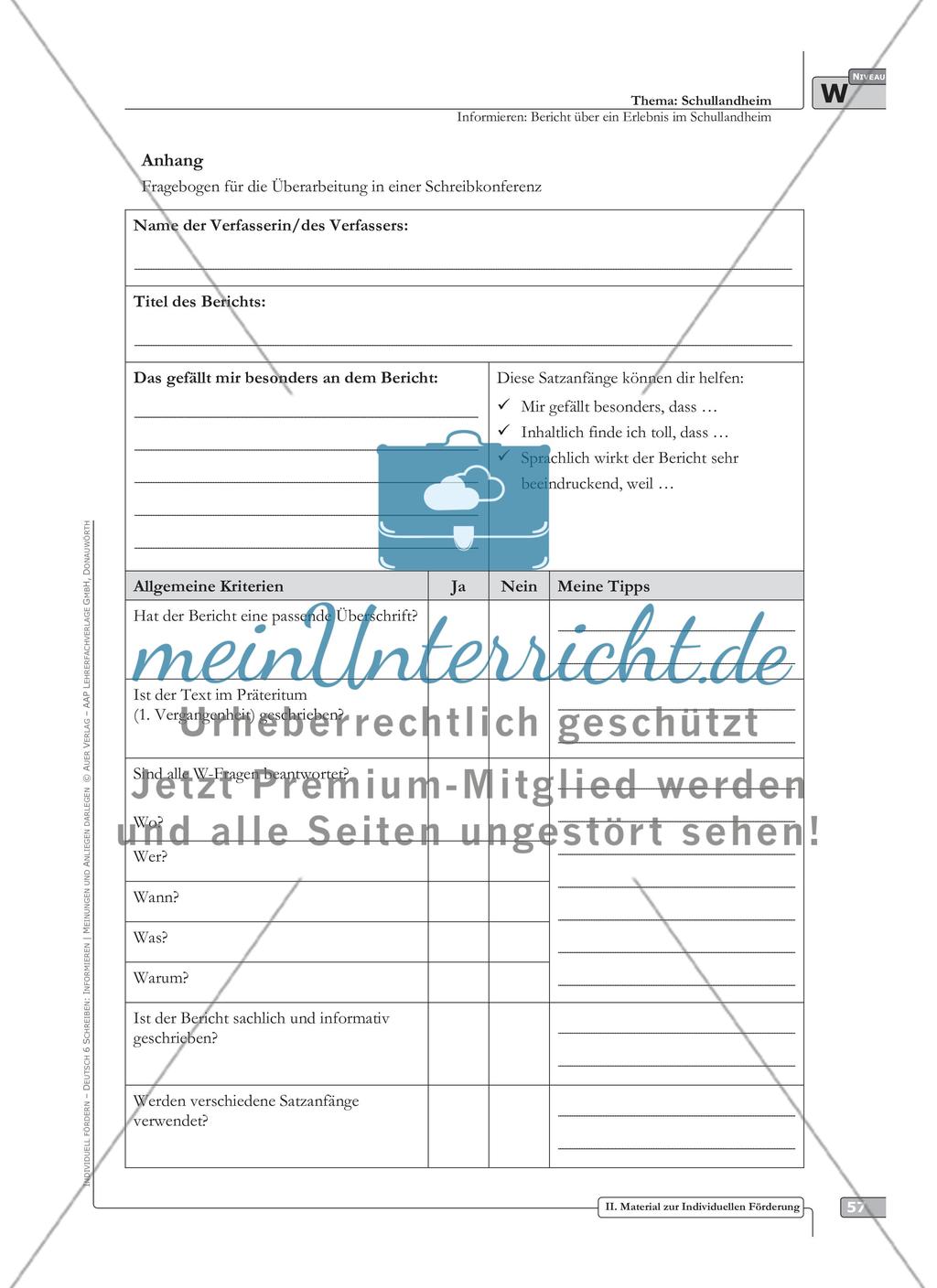 Sprachförderung: Bericht über ein Erlebnis im Schullandheim: weiterführendes Niveau: Hinweise zum Ablauf, Arbeitsblätter Preview 2