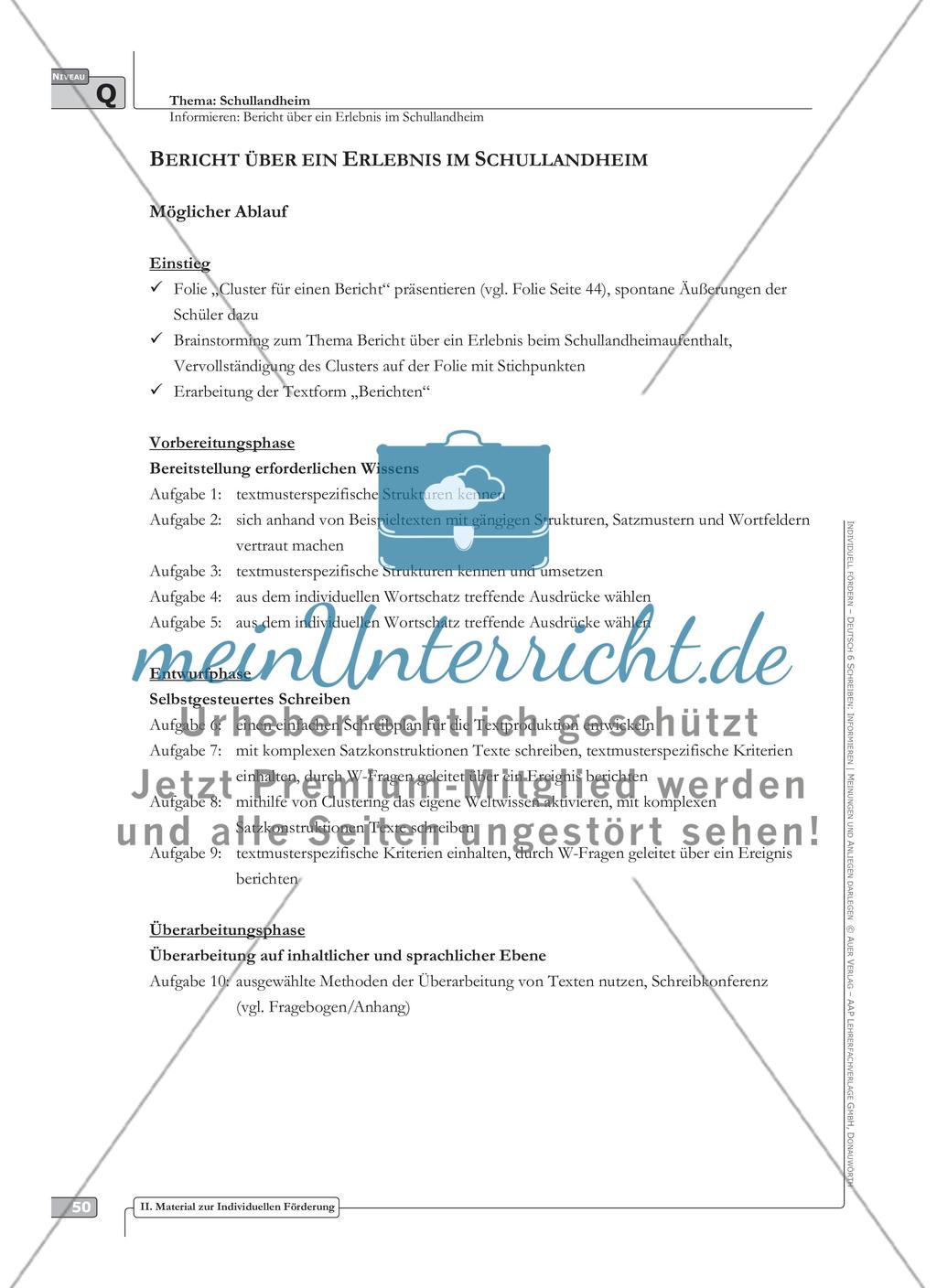 Sprachförderung: Bericht über ein Erlebnis im Schullandheim: qualifizierendes Niveau: Hinweise zum Ablauf, Arbeitsblätter Preview 1