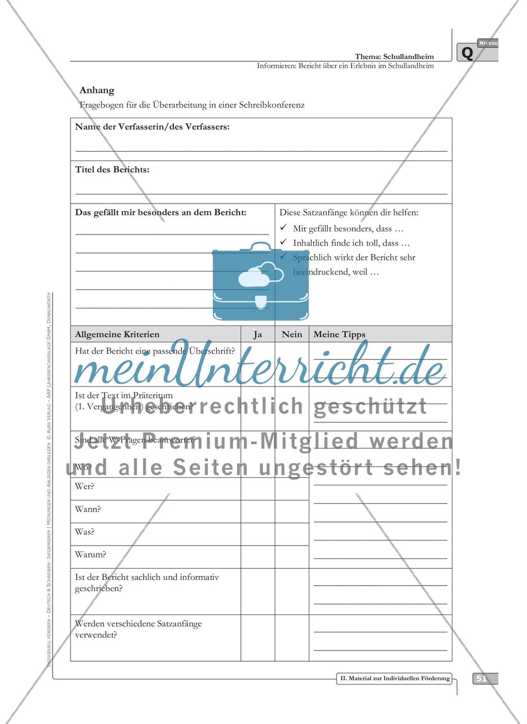 Sprachförderung: Bericht über ein Erlebnis im Schullandheim: qualifizierendes Niveau: Hinweise zum Ablauf, Arbeitsblätter Preview 2