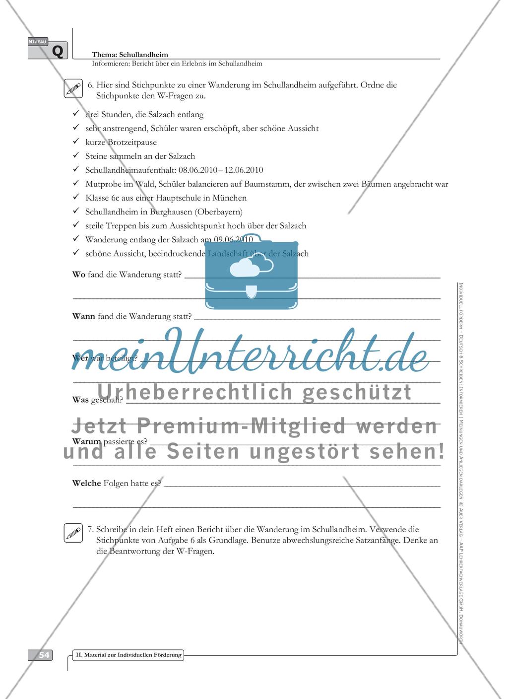 Sprachförderung: Bericht über ein Erlebnis im Schullandheim: qualifizierendes Niveau: Hinweise zum Ablauf, Arbeitsblätter Preview 5