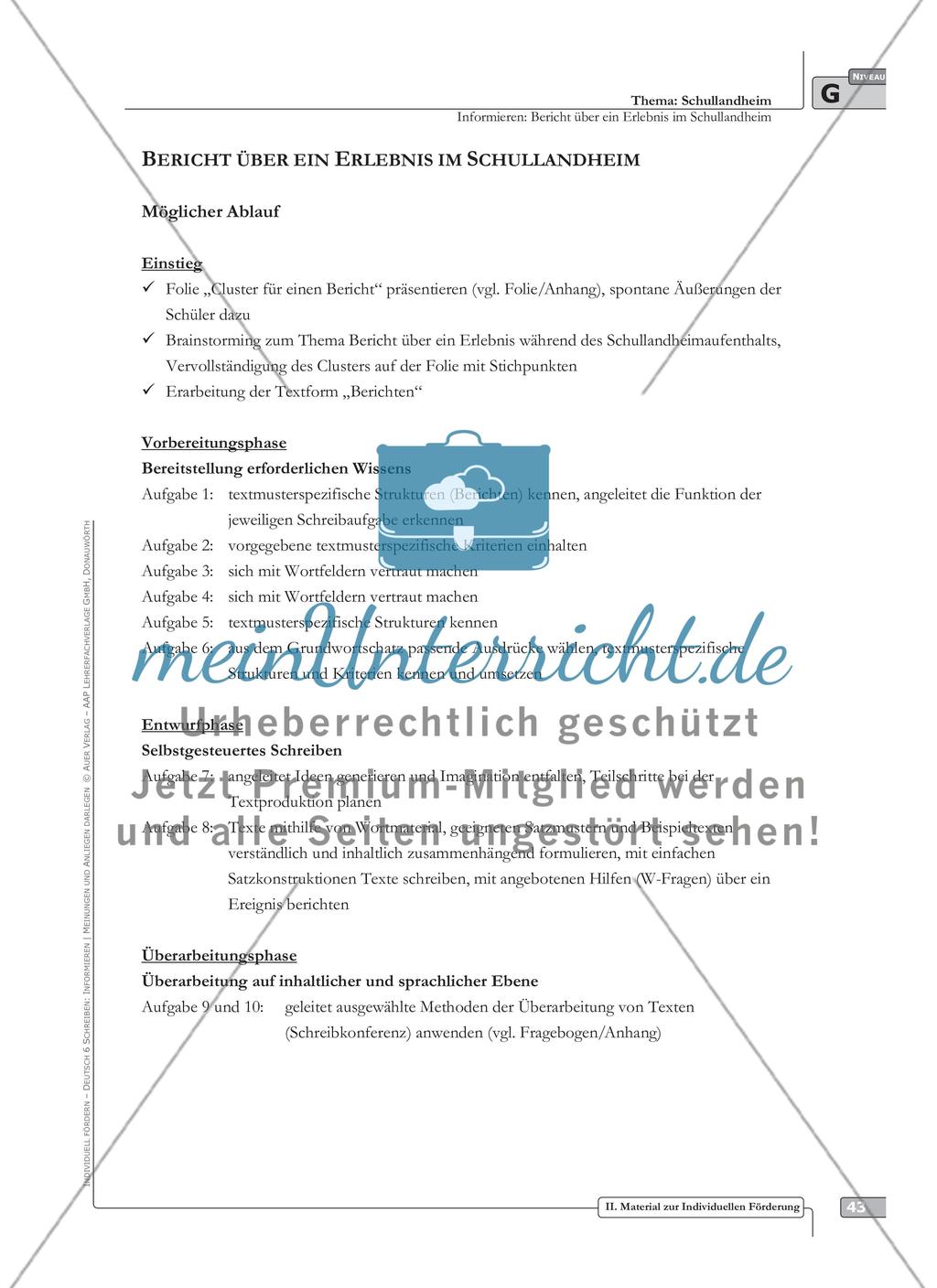 Sprachförderung: Bericht über ein Erlebnis im Schullandheim: grundlegendes Niveau: Hinweise zum Ablauf, Arbeitsblätter Preview 1