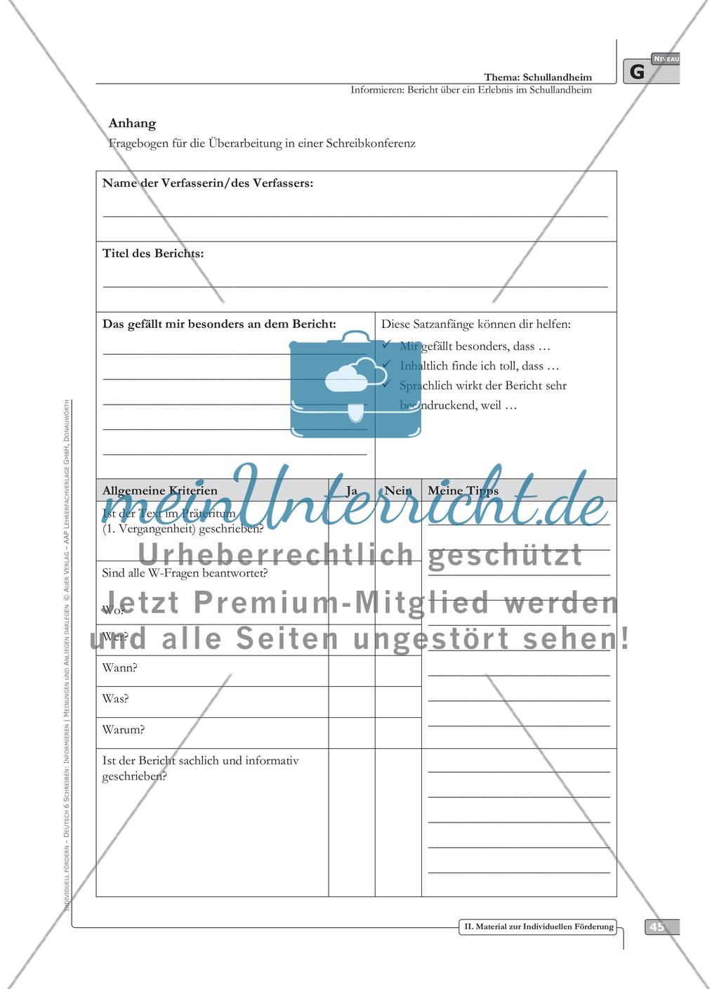 Sprachförderung: Bericht über ein Erlebnis im Schullandheim: grundlegendes Niveau: Hinweise zum Ablauf, Arbeitsblätter Preview 3