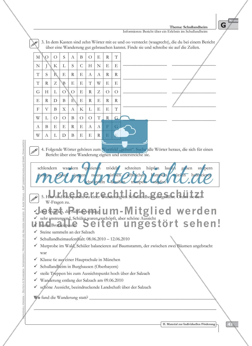 Sprachförderung: Bericht über ein Erlebnis im Schullandheim: grundlegendes Niveau: Hinweise zum Ablauf, Arbeitsblätter Preview 5