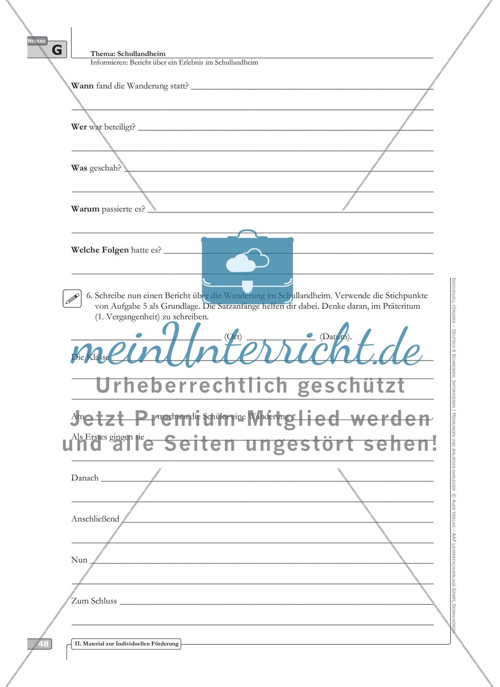 Sprachförderung: Bericht über ein Erlebnis im Schullandheim: grundlegendes Niveau: Hinweise zum Ablauf, Arbeitsblätter Preview 6