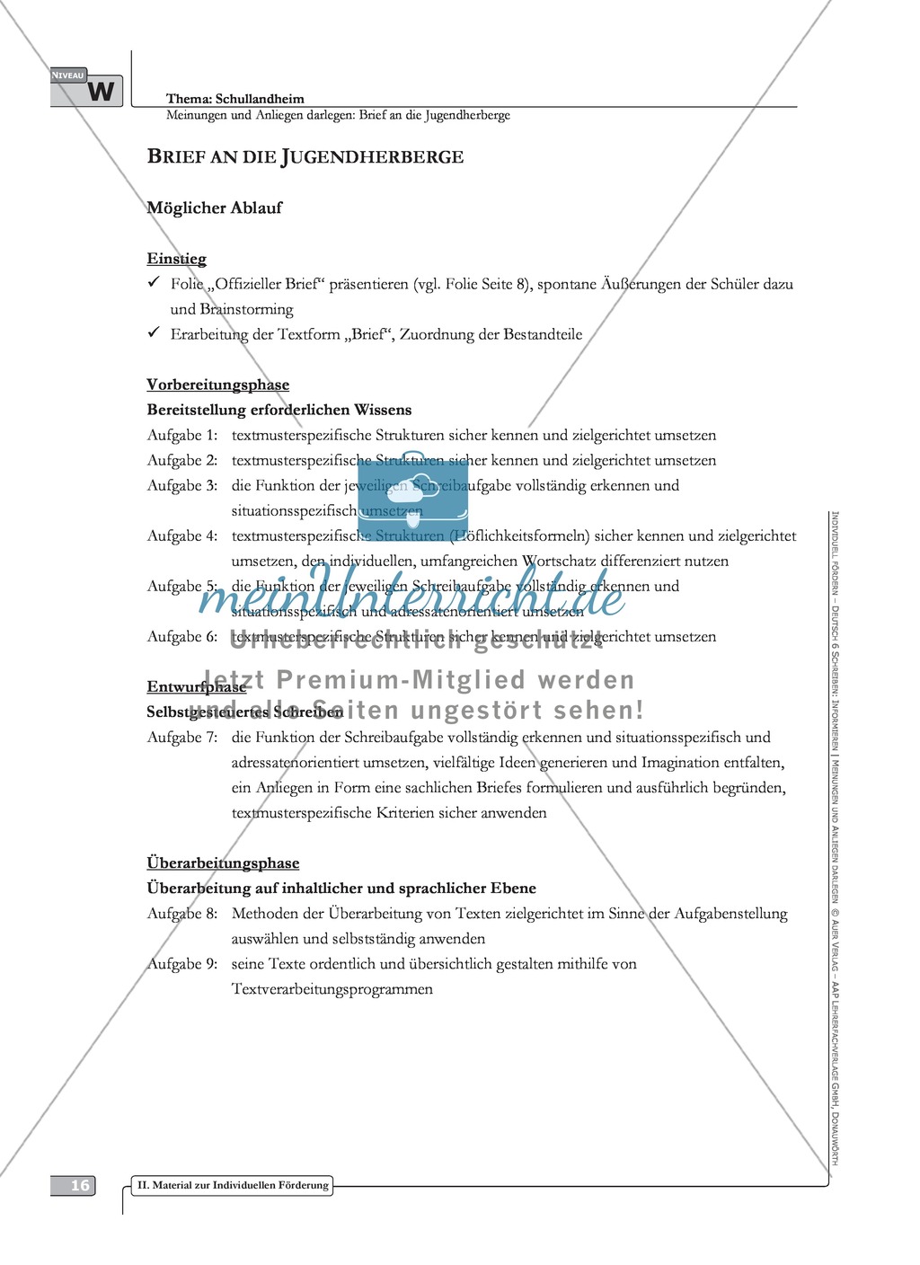 Brief an die Jugendherberge: weiterführendes Niveau: Hinweise zum Ablauf, Arbeitsblätter Preview 1