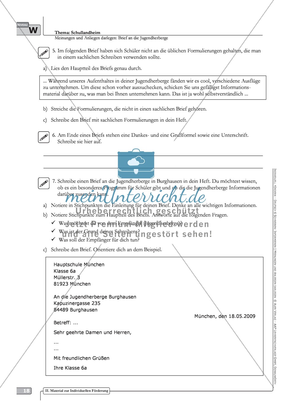 Brief an die Jugendherberge: weiterführendes Niveau: Hinweise zum Ablauf, Arbeitsblätter Preview 3