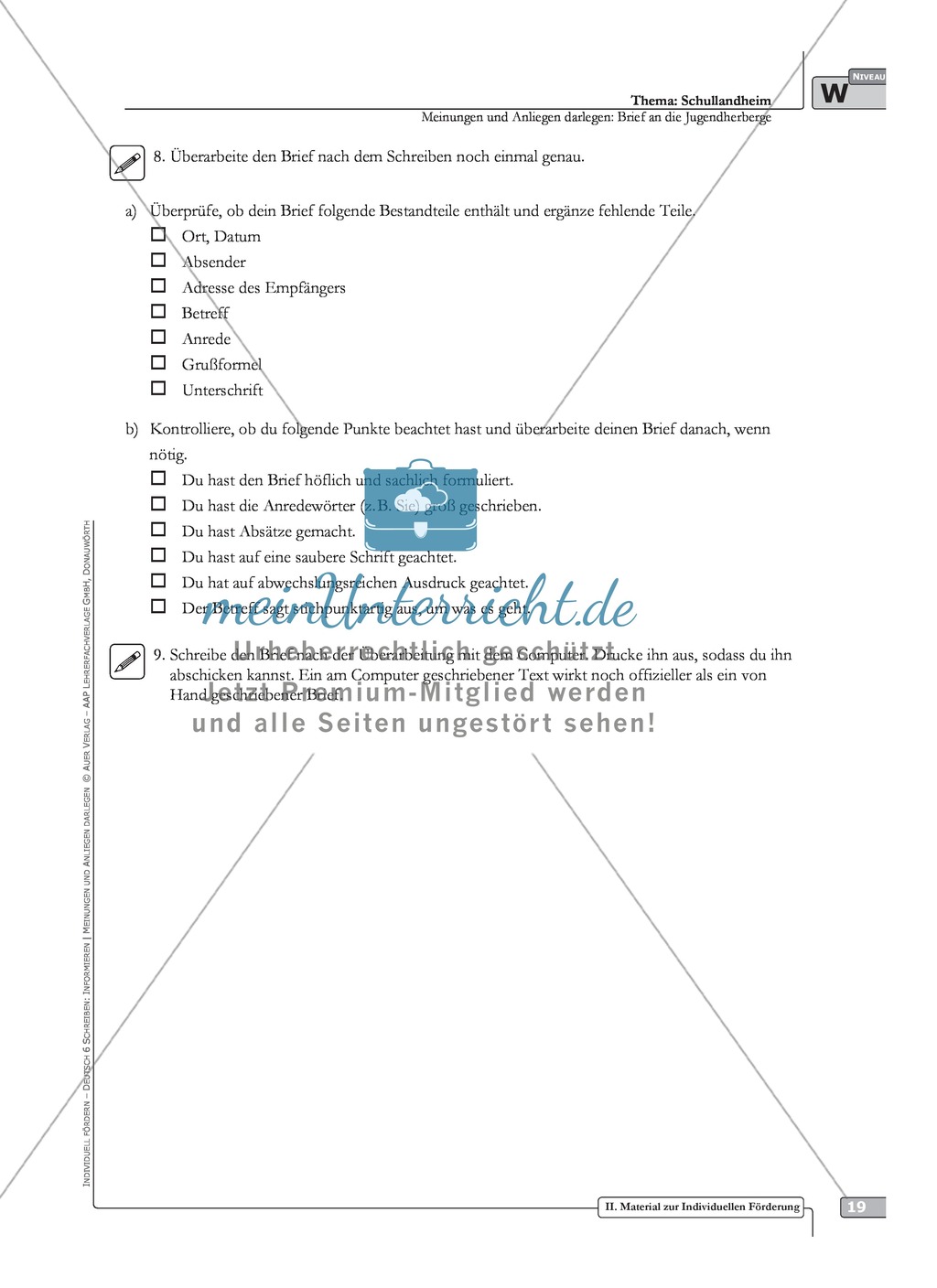 Brief an die Jugendherberge: weiterführendes Niveau: Hinweise zum Ablauf, Arbeitsblätter Preview 4