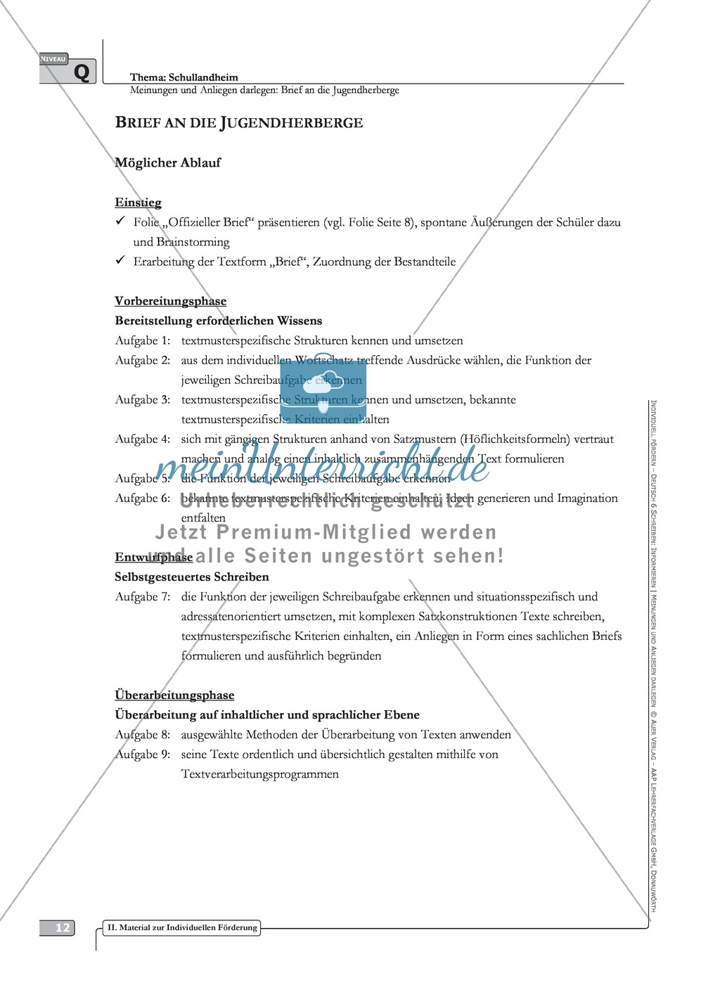 Schreibförderung: Brief an die Jugendherberge: qualifizierendes Niveau: Hinweise zum Ablauf, Arbeitsblätter Preview 1