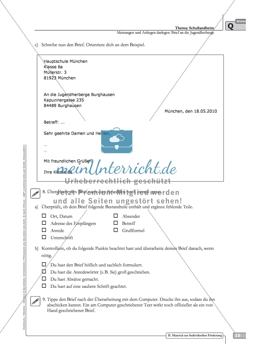 Schreibförderung: Brief an die Jugendherberge: qualifizierendes Niveau: Hinweise zum Ablauf, Arbeitsblätter Preview 4