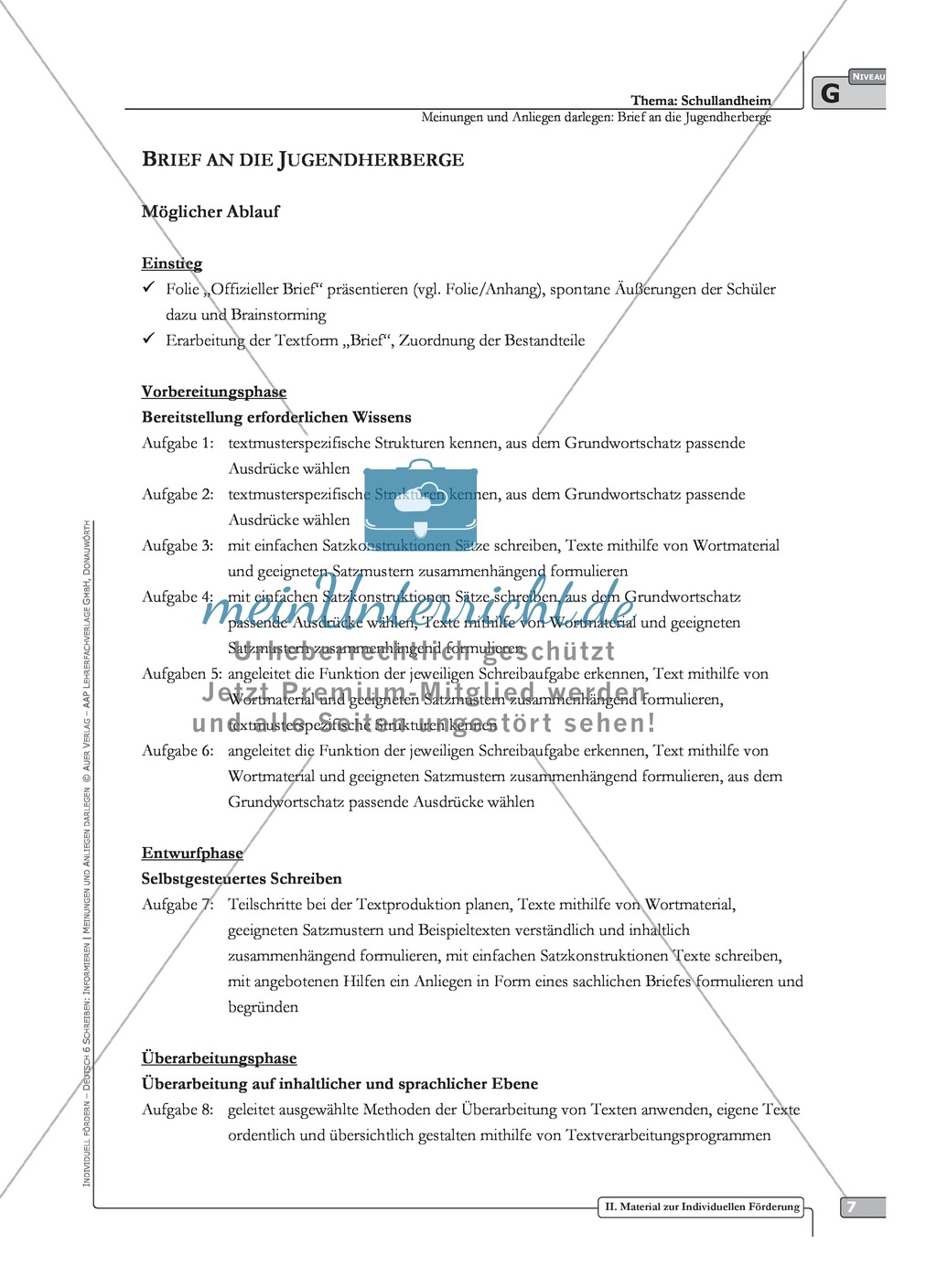 Schreibförderung: Brief an die Jugendherberge: grundlegendes Niveau: Hinweise zum Ablauf, Arbeitsblätter Preview 1