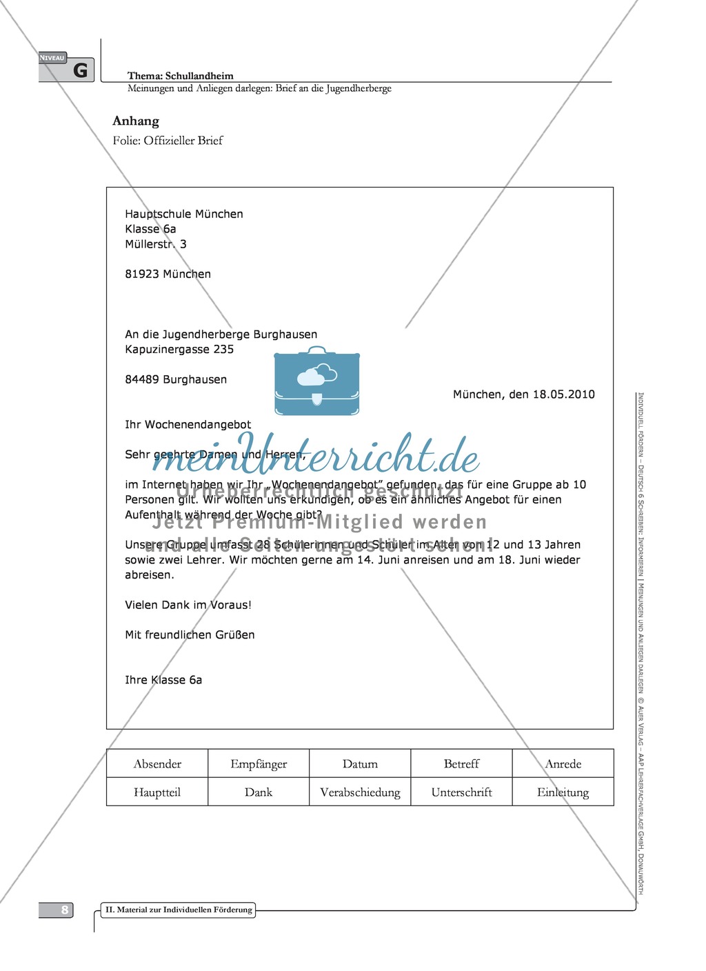 Schreibförderung: Brief an die Jugendherberge: grundlegendes Niveau: Hinweise zum Ablauf, Arbeitsblätter Preview 2