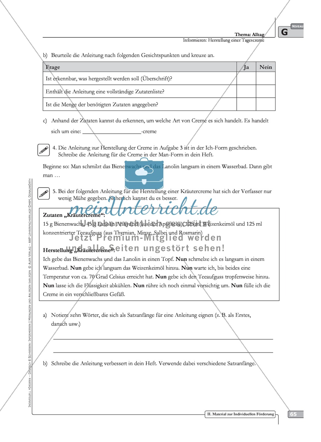 Schreibförderung: Alltag: Herstellung einer Tagescreme: Hinweise zum Ablauf, Arbeitsblätter Preview 5