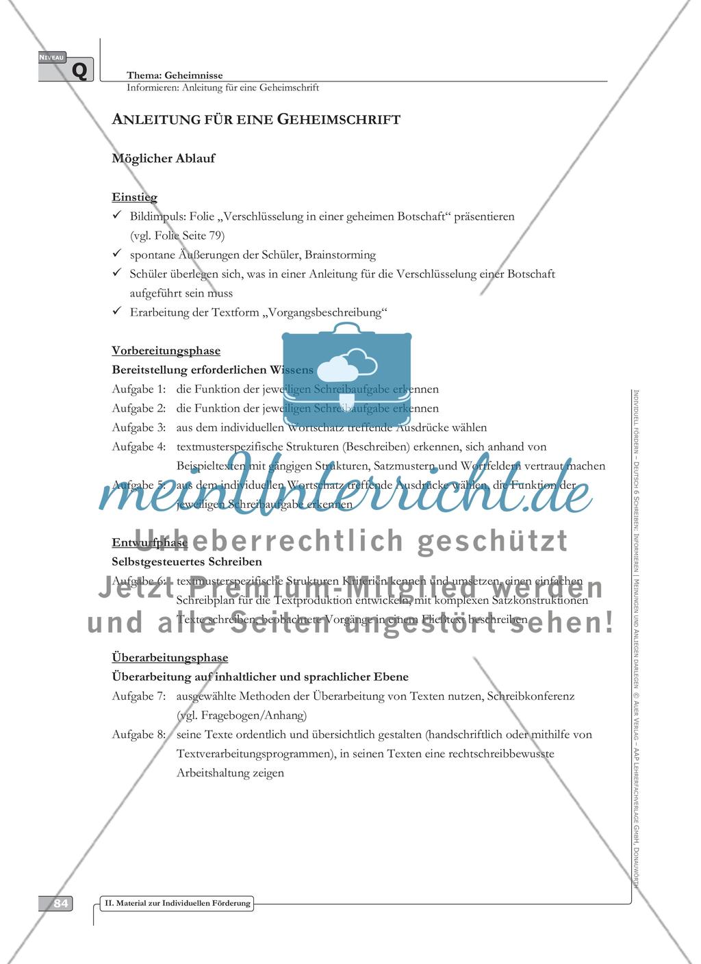 Sprachförderung: Anleitung für eine Geheimschrift: qualifizierendes Niveau: Hinweise zum Ablauf, Arbeitsblätter Preview 1