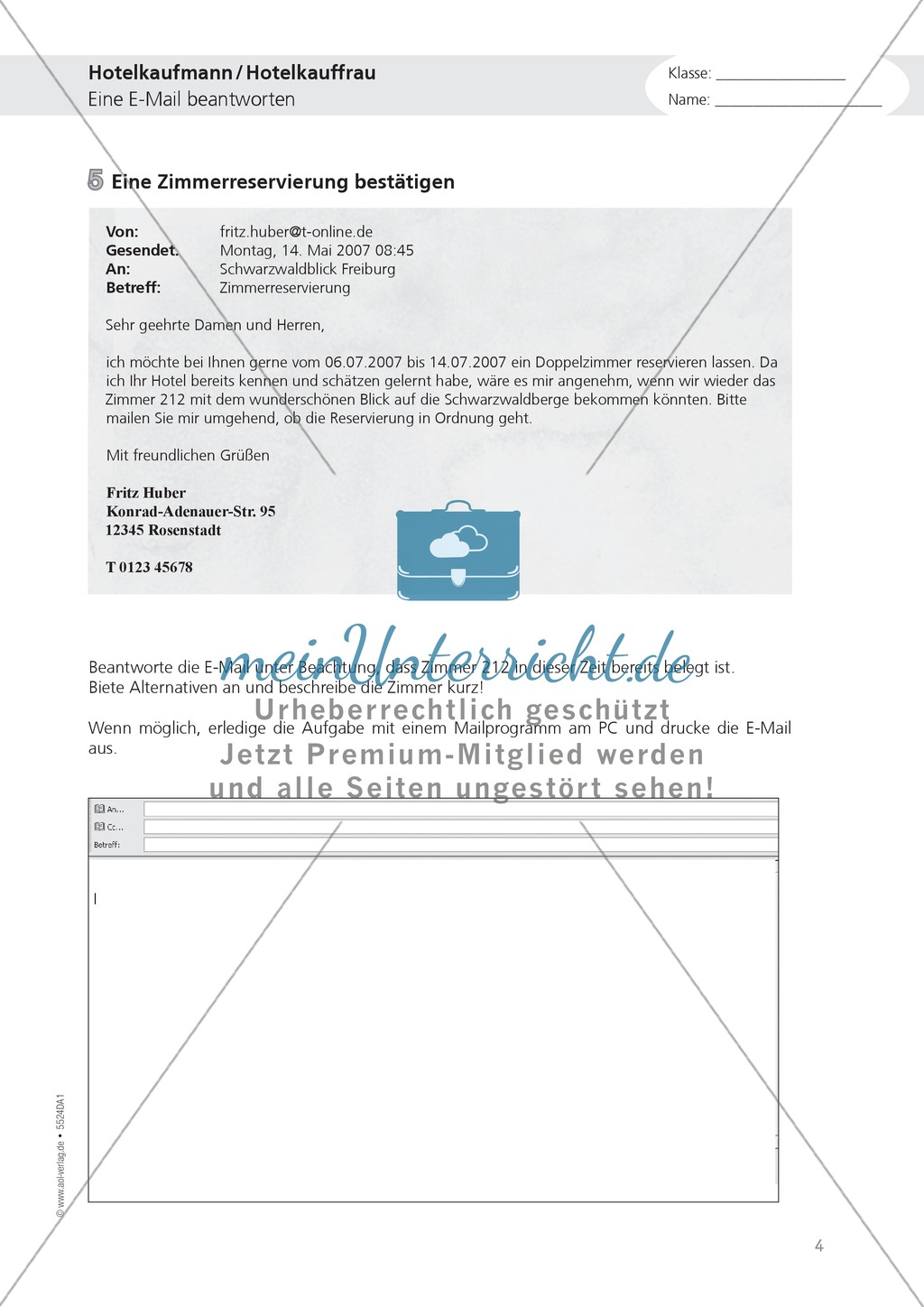 Berufe - Hotelkauffrau / mann: Zimmerreservierung bestätigen - Aufgaben + Lösungen Preview 1