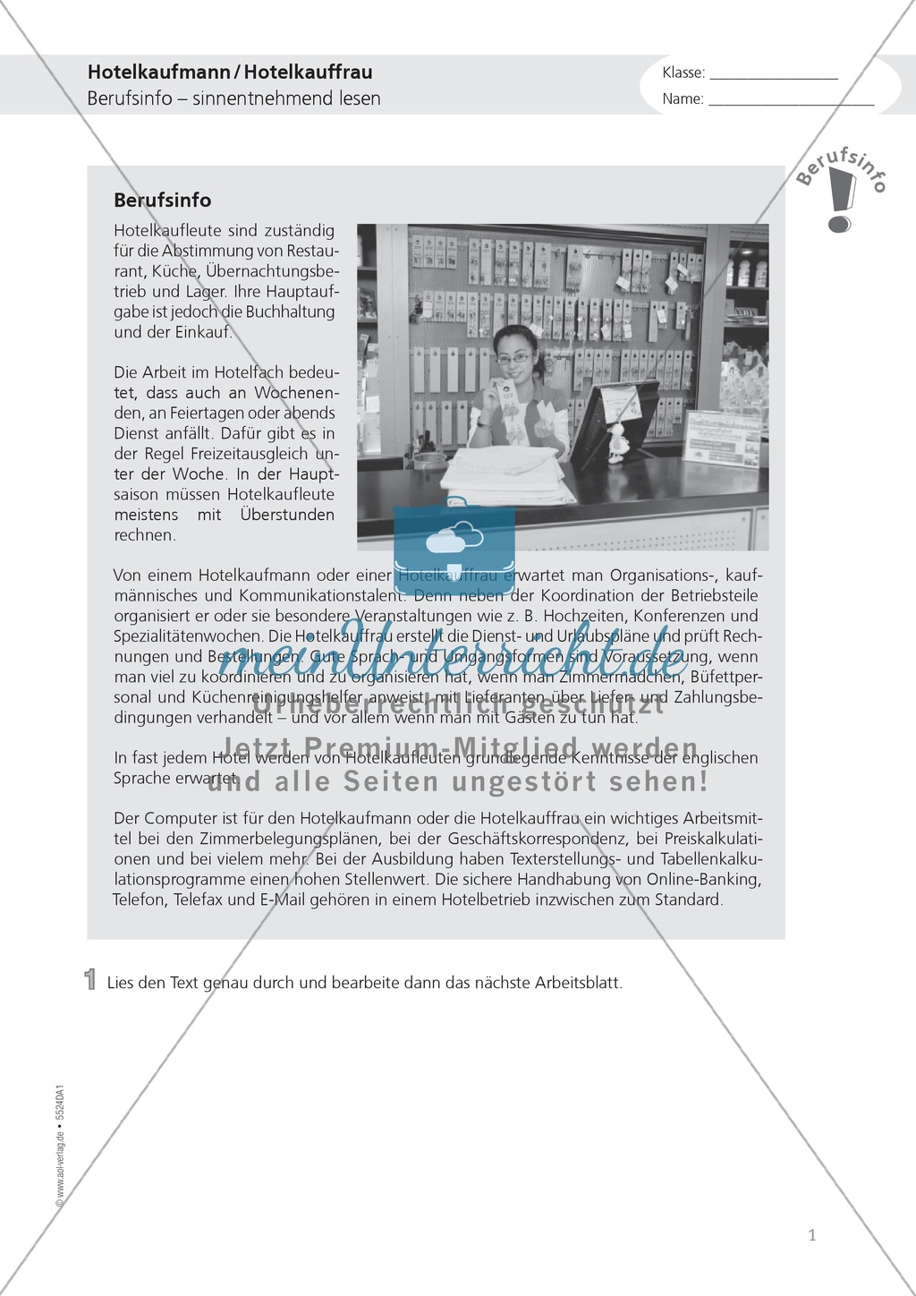 Berufe - Hotelkauffrau / mann: Infotext + Aufgaben + Lösungen Preview 1