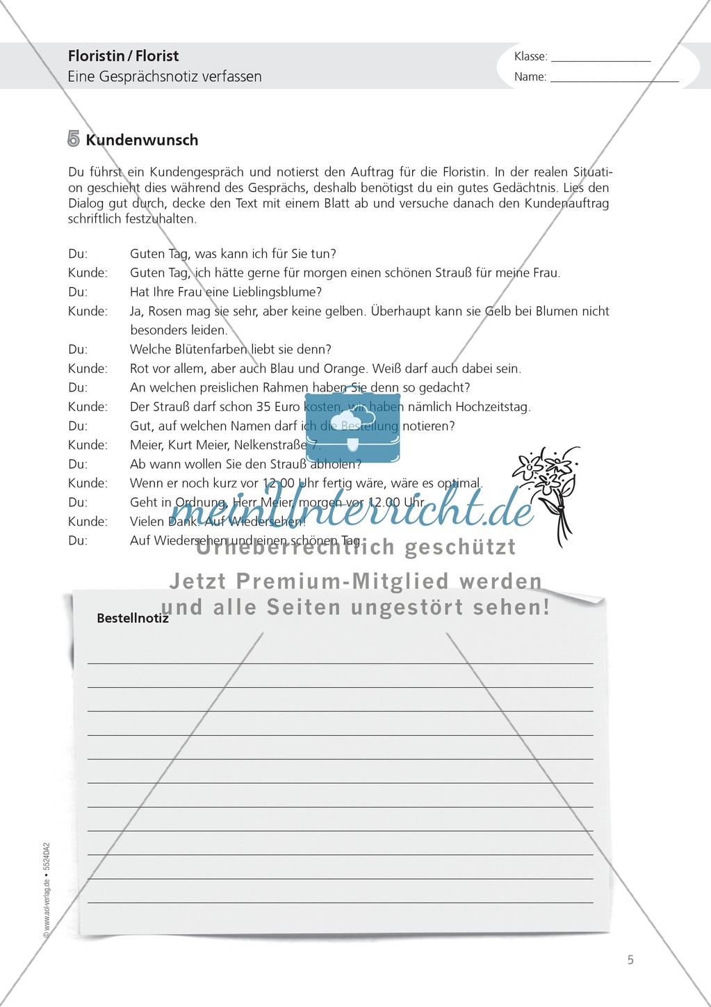 Berufe - Florist / in: Bestellnotiz verfassen - Aufgabe Preview 1