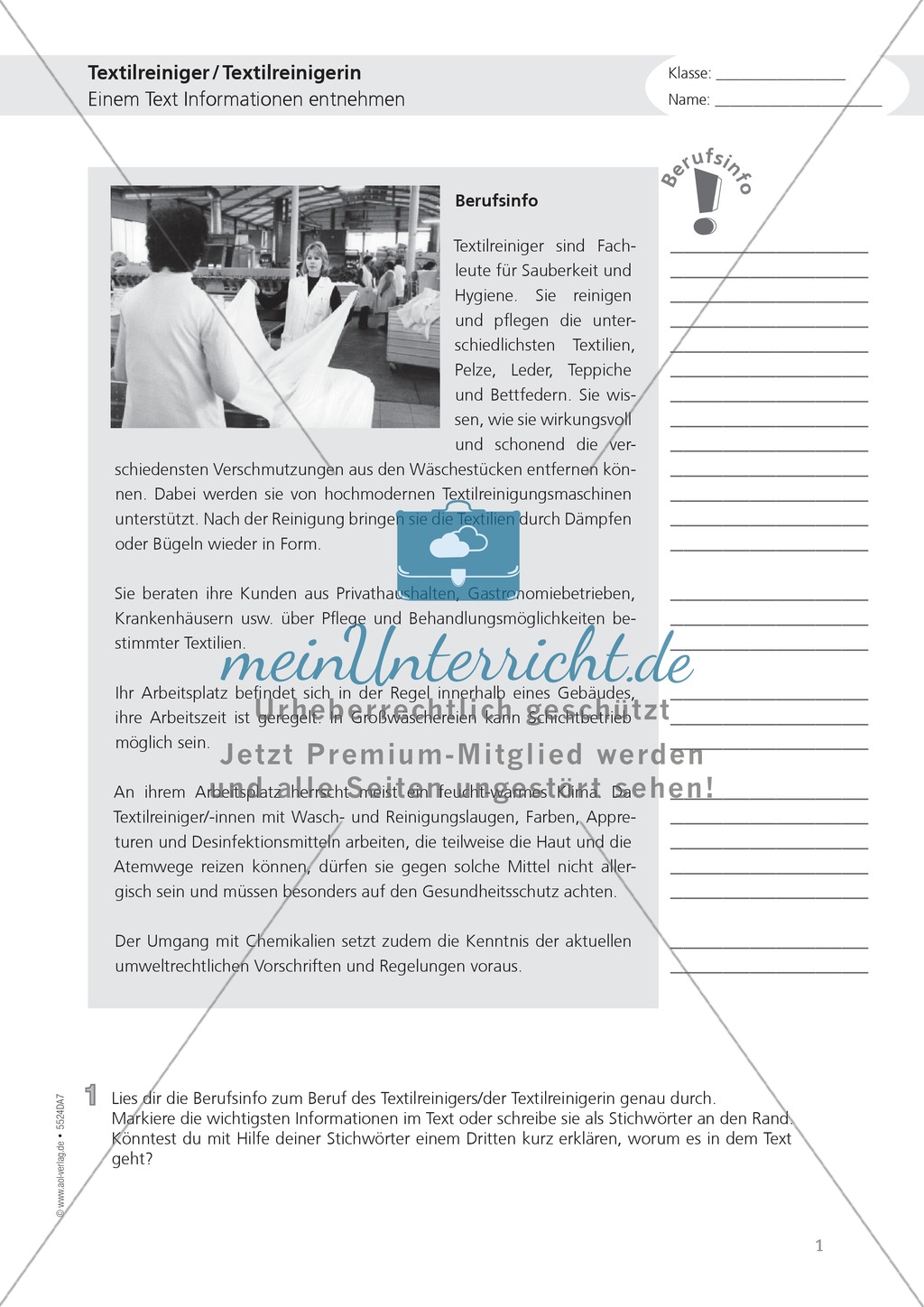 Berufsalltag - Arbeiten als Textilreiniger: Aufgaben + Lösungen Preview 1