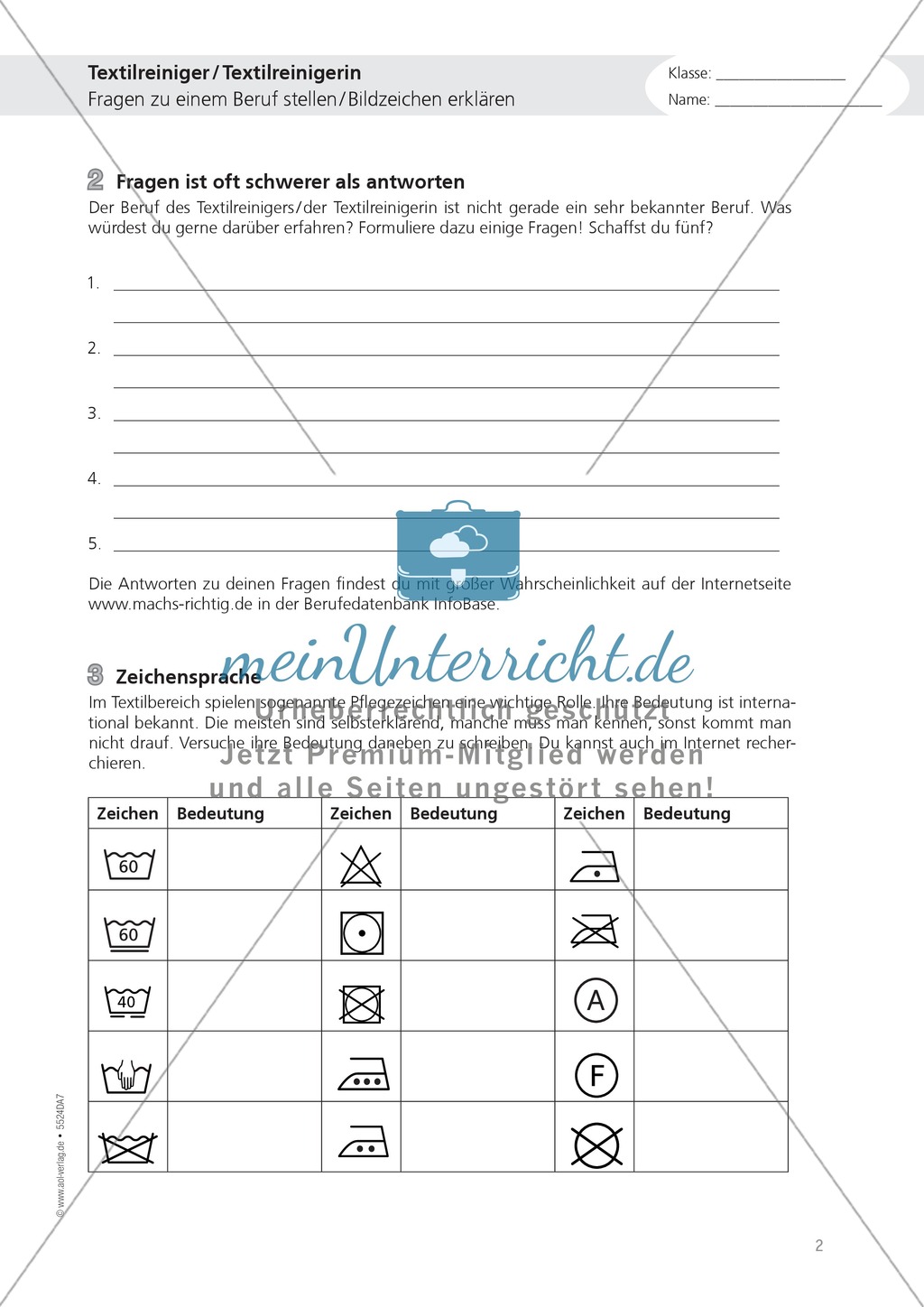 Berufsalltag - Arbeiten als Textilreiniger: Aufgaben + Lösungen Preview 2