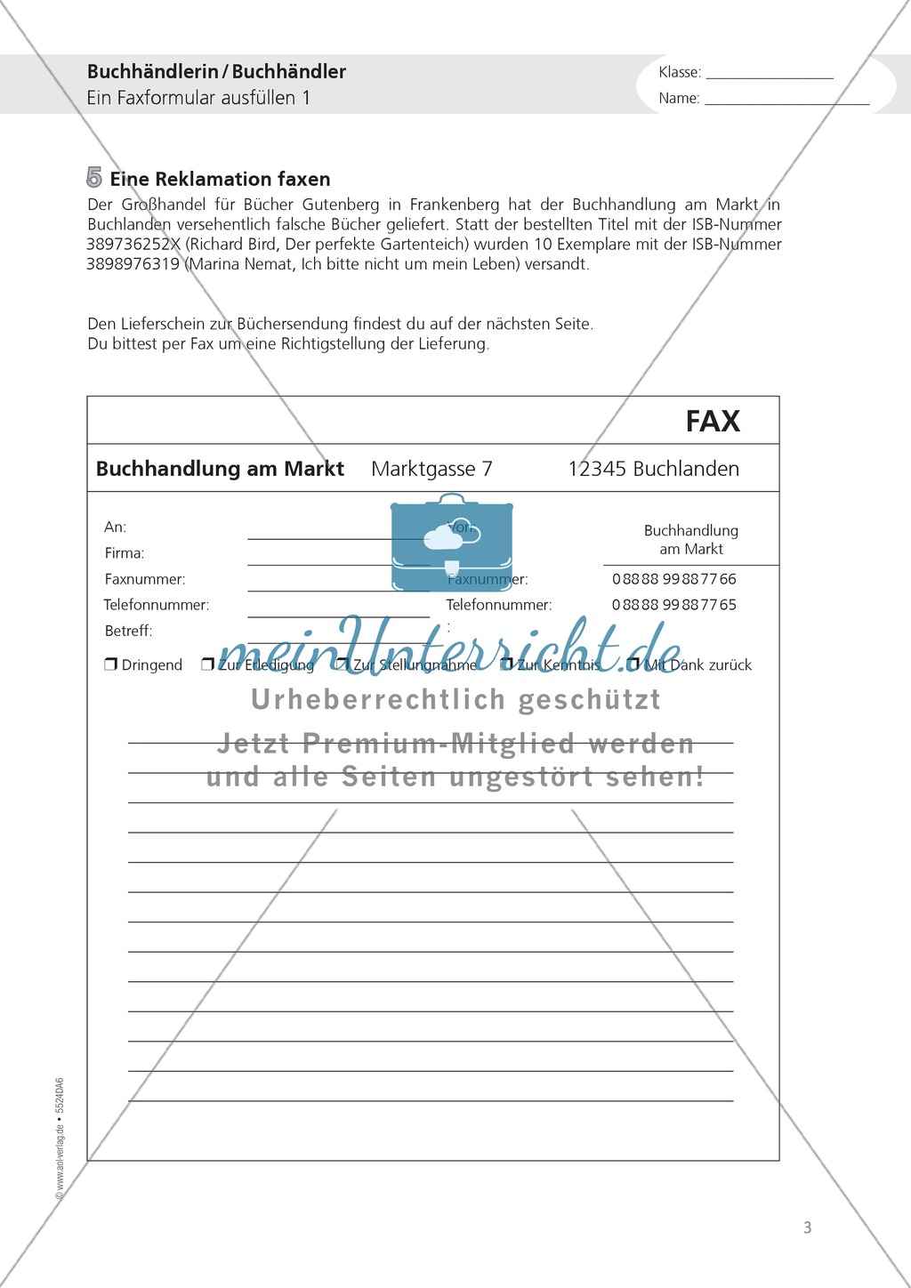 Berufe - Buchhändler / in: Faxformular ausfüllen