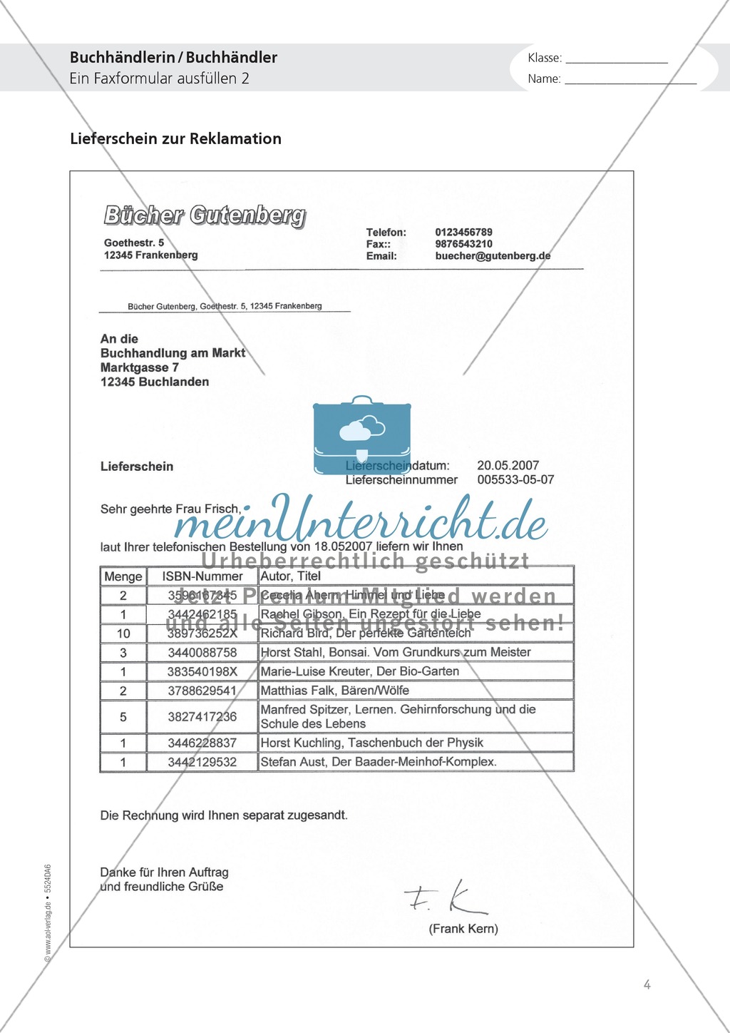 Berufe - Buchhändler / in: Faxformular ausfüllen
