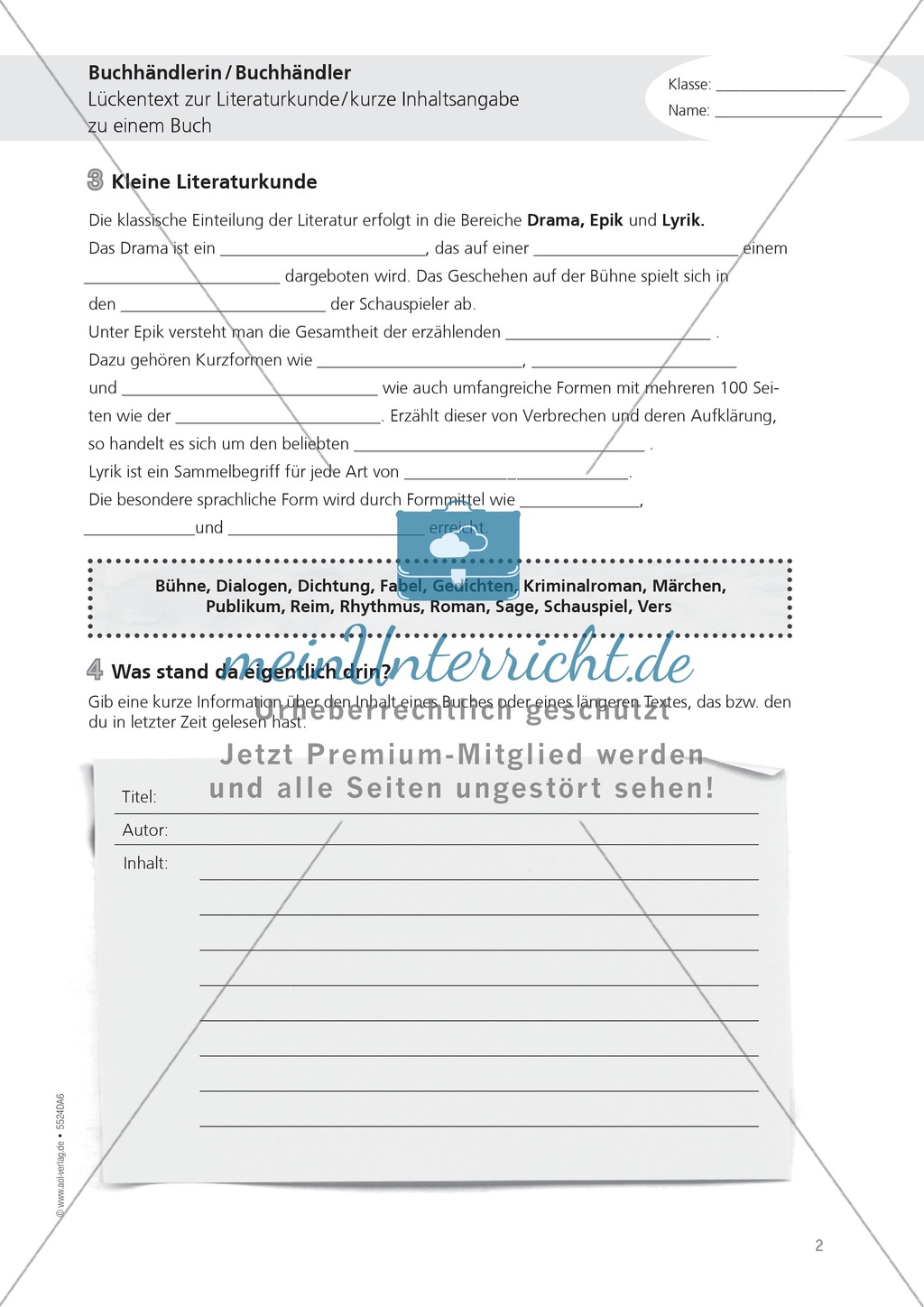 Berufe - Buchhändler / in: Literaturkunde - Lückentext und Inhaltswiedergabe - Aufgaben + Lösungen Preview 1