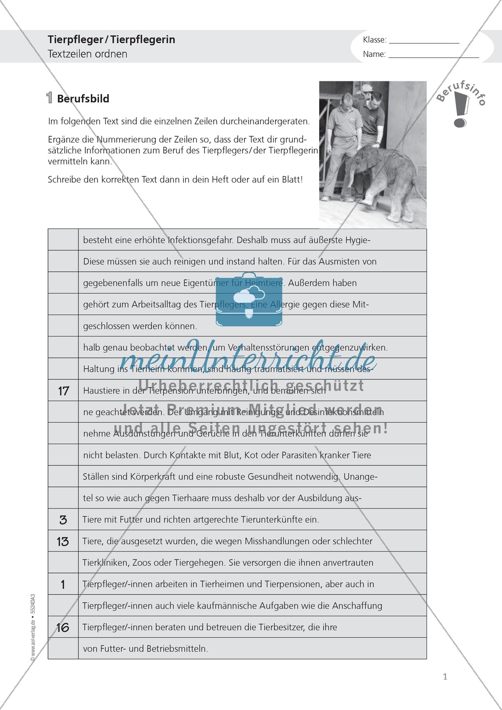 Berufe - Tierpfleger / in: Textzeilen zuordnen - Aufgabe + Lösung Preview 1