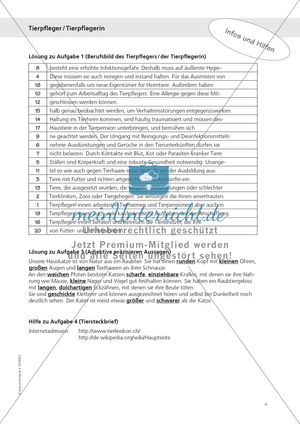 Berufe - Tierpfleger / in: Textzeilen zuordnen - Aufgabe + Lösung Preview 2