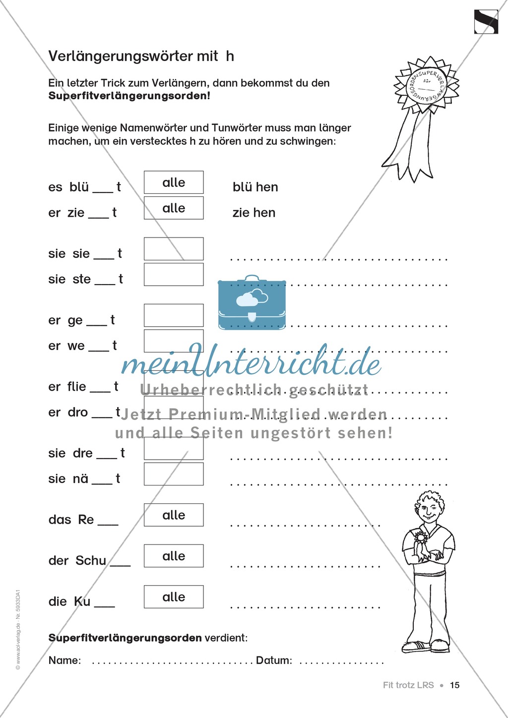 Verlängerungswörter mit h: Übungsblatt Preview 1
