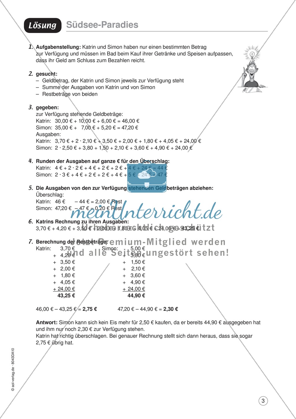 Mathe im Alltag - Taschengeld auf einem Ausflug: Übungen mit Lösungen Preview 3