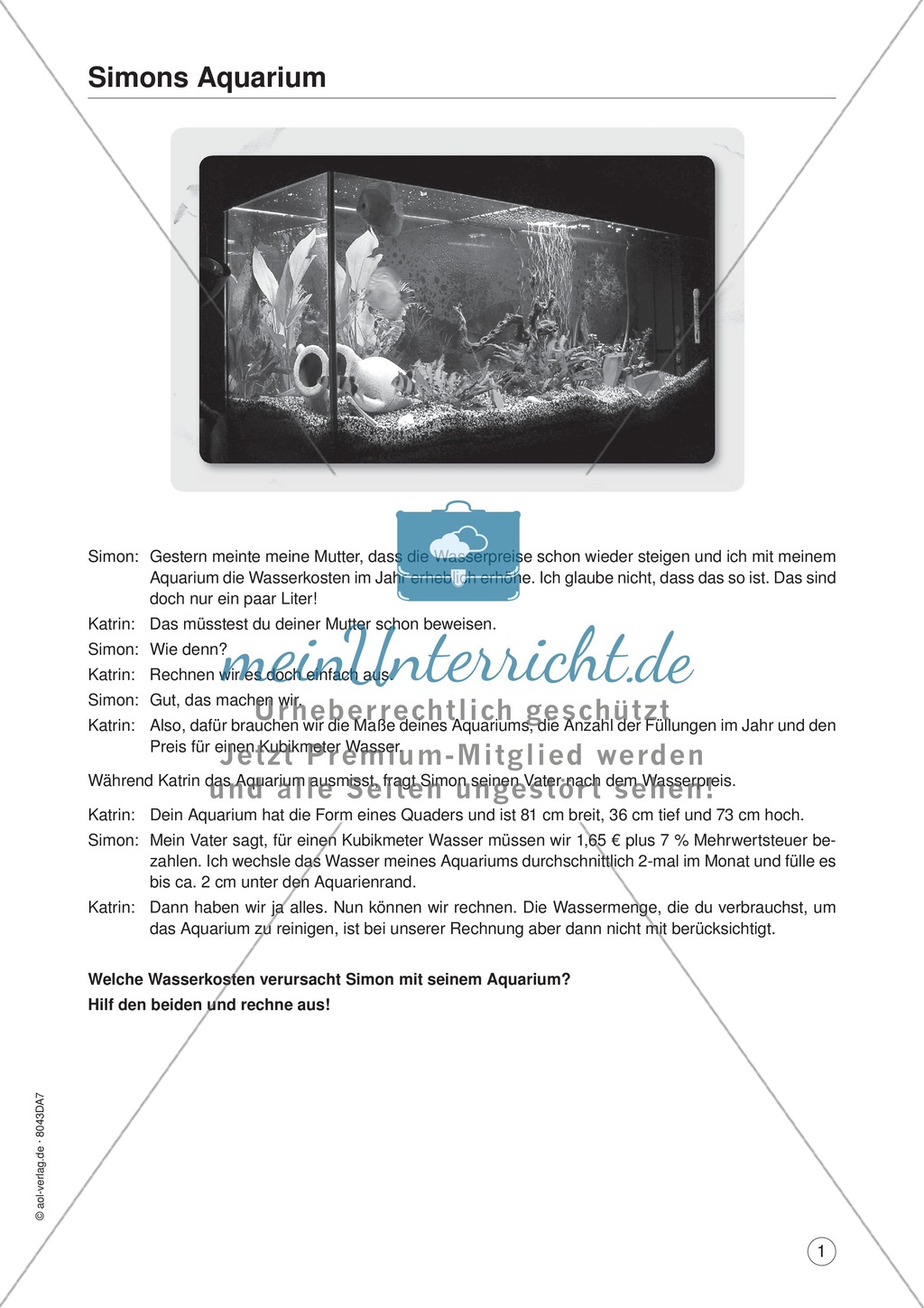 Mathe im Alltag - Wasserkosten für ein Aquarium: Übungen und Lösung Preview 1